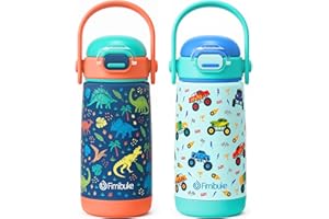Fimibuke Kids Insulated Water Bottle with Straw Lid & Handle - 14oz BPA FREE 18/8 Stainless Steel Metal Tumbler Leak Proof Double Wall Vacuum Kids Cup Toddler Water Bottle for School Boys Girls