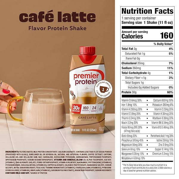 PREMIER PROTEIN SHAKE, CAFÉ LATTE, 30G PROTEIN, NO ADDED SUGAR, 24 VITAMINS & MINERALS TO SUPPORT IMMUNE HEALTH, 11 FL OZ, 12 PACK (PACKAGING MAY VARY)
