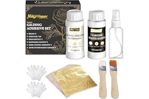 NAYRMAER Gold Leaf Kit, 100ml x2 Gilding Adhesive Set, Water Based Adhesive and Varnish with Gold Leaf Sheet 100 Pcs for Craft, Painting and Arts (Gold Leaf Kit)