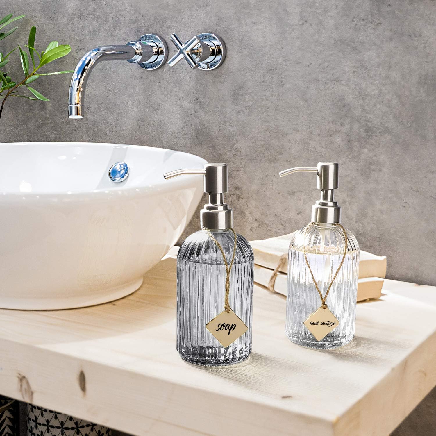 Pretigo Bathroom Soap Dispenser with Premium Clear Glass, Rust Proof Stainless Steel Pump, Refillable Liquid Hand Soap Dispenser 16 Oz (Grey): Home & Kitchen