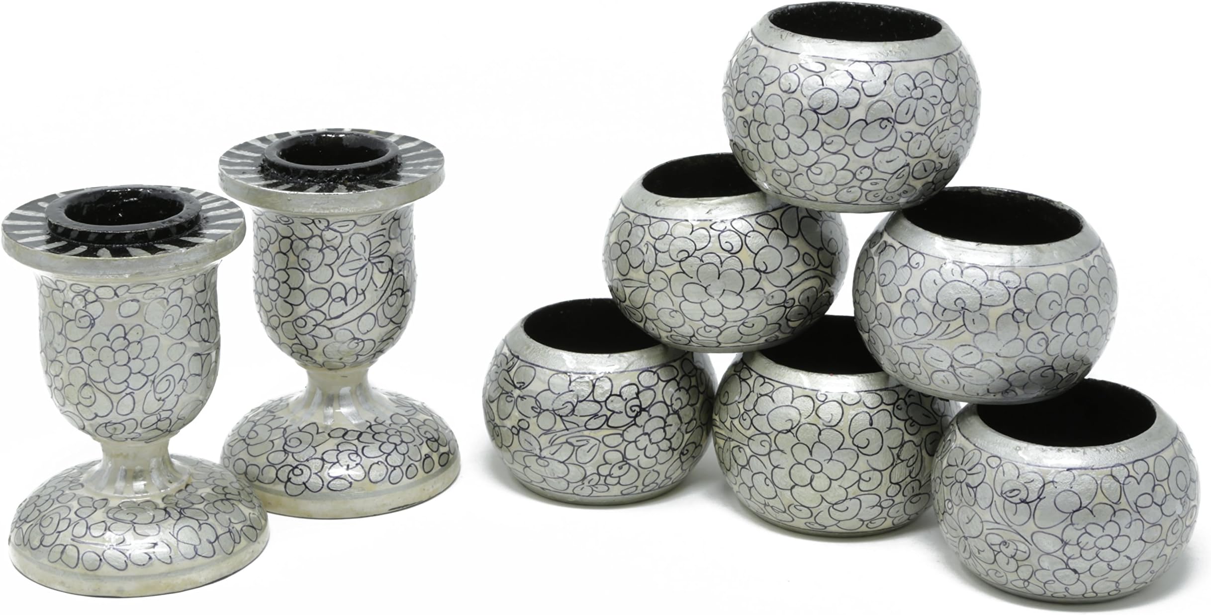 Toyinngg Handmade Paper Mache Pair of 2 Candlesticks Holder for Taper Candles and Napkin Rings Set of 6- Cream Grey