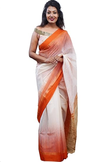 Womens Handloom Linen Orange and White Traditional Saree with Blouse Piece
