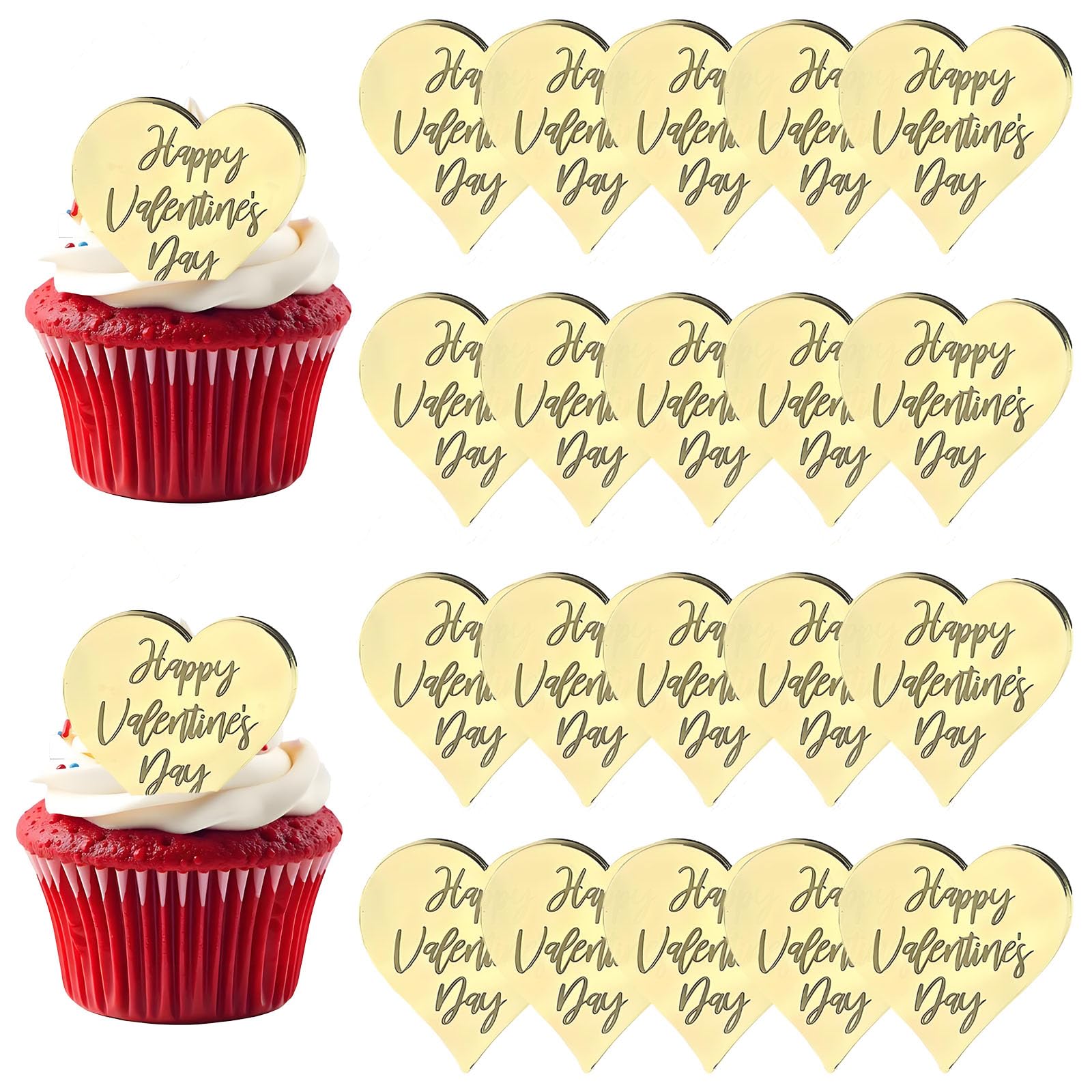 Photo 1 of 20 Pcs Happy Valentine's Day Mirror Acrylic Heart Cake Toppers Engraved Cupcake Decor Picks for Valentine's Day Wedding Party Supplies (Gold)