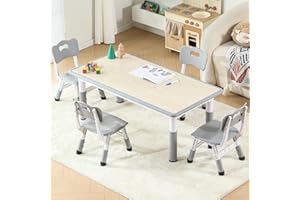 Hulaibit Kids Table and 4 Chairs Set, Height Adjustable Toddler Table and Chairs Set with Rubber Foot Covers, Graffiti Desktop Children Activity Table for Ages 2-10, Daycare, Classroom