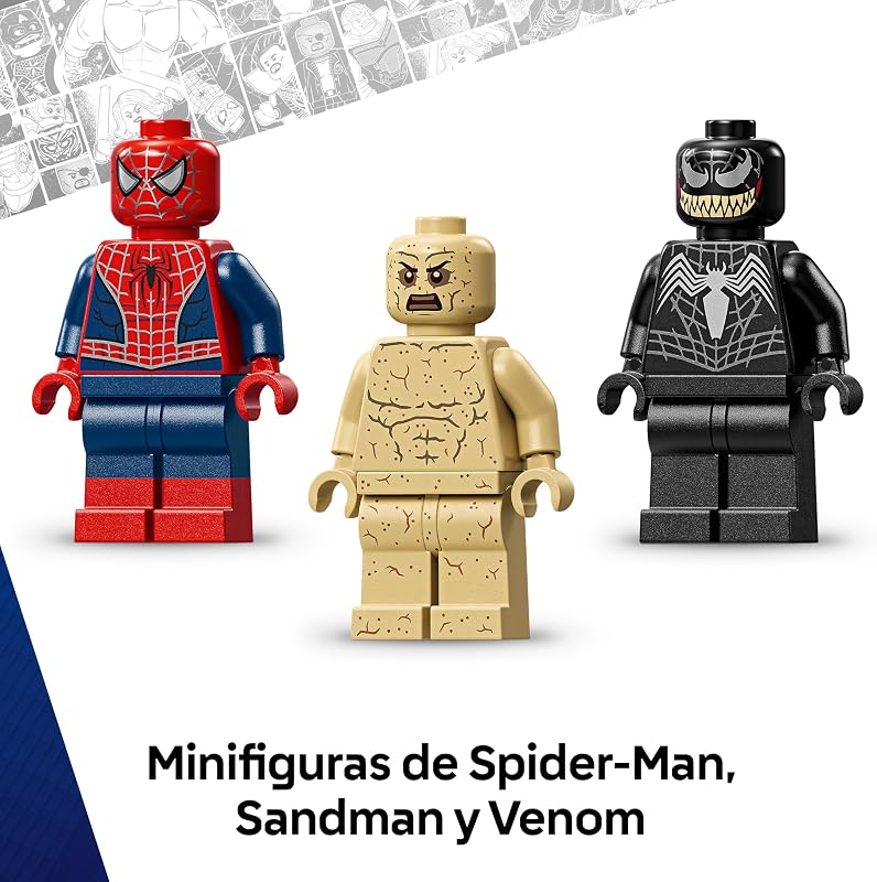 | Marvel Batalla Legendaria: Spider-Man vs. Sandman - Obra y Superhéroes de Juguete - 3 Minifiguras Inc. Venom - Regalo para Niños de 9+ Años y Fans de Las Películas - 76334