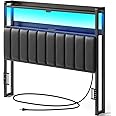 Rolanstar Headboard for Full Size Bed with Storage, 60,000 DIY Color of LED Light, Head Board with USB & Type C Port, Height Adjustable, Black Upholstered Cabeceras de Cama Comfortable Modern, Leather
