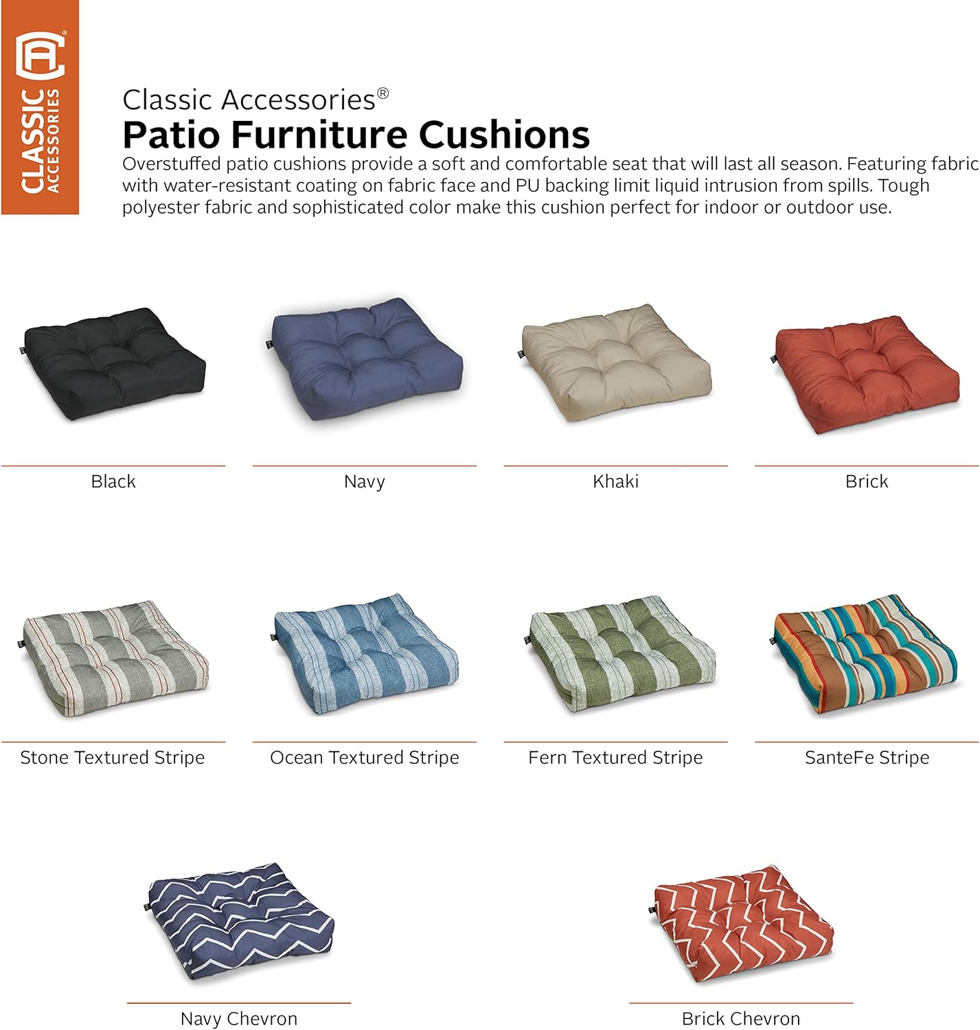 Classic Accessories Water-Resistant 19 x 19 x 5 Inch Square Patio Seat Cushion, Khaki, 2-Pack : Garden & Outdoor