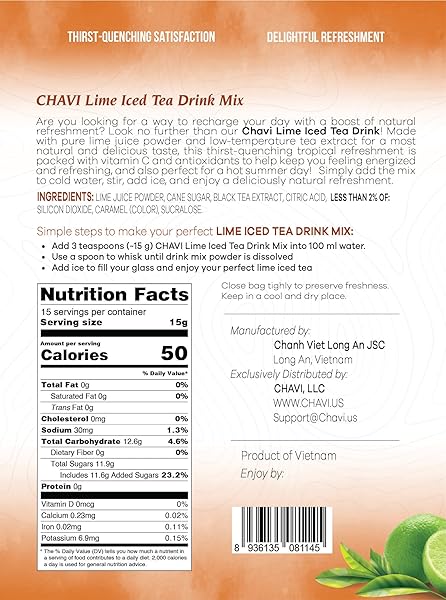 LIME ICED TEA POWDERED DRINK MIX – 8 OZ – NATURAL BLACK TEA EXTRACT AND LIME JUICE POWDER – CHAVI – SIMPLE AND HONEST INGREDIENTS. ENJOY IT HOT OR COLD