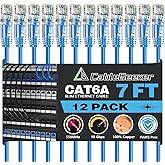 CableGeeker Cat6A Ethernet Patch Cable 7ft-12Pack Blue, High-Speed 10Gpbs, 550MHz Slim Patch Cables, 28AWG Flexiable Network 