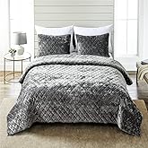 Fredsure Distressed Velvet Quilt Set, 3 Pieces Grey Queen, Distressed Velvet Face and Brushed Microfiber Reverse with Diamond Quilting