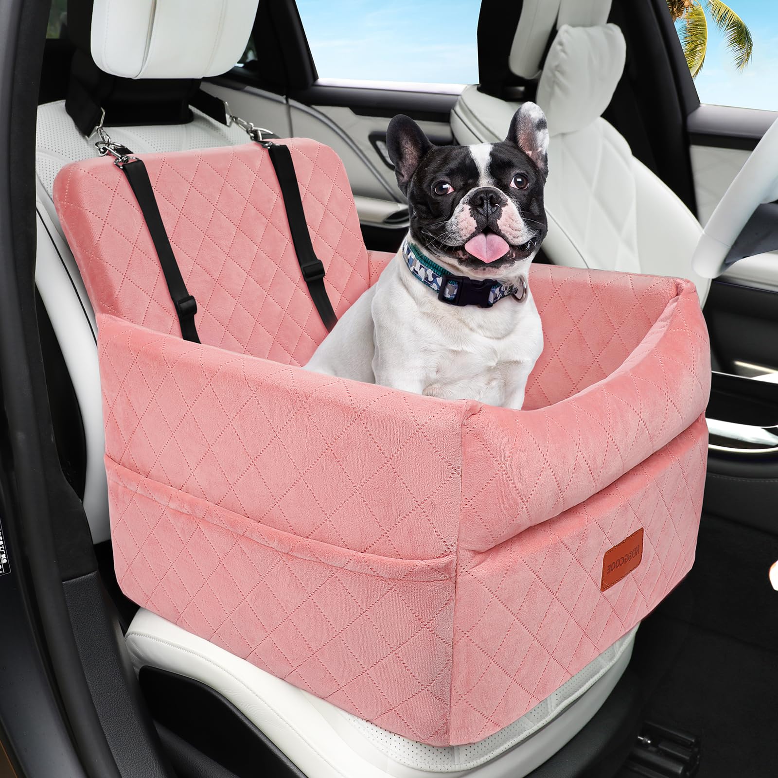 Photo 1 of HEGGCOOE Dog Car Seat for Small Medium Dogs, Memory Foam Puppy Dog Booster Seat with Thick Cushion for Dogs Under 35lbs, Detachable Washable Pet Car Seat Travel Bed with Storage Pockets,2 Safety Belts