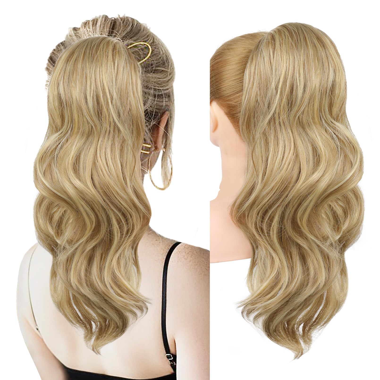 Photo 1 of REECHO Drawstring Ponytail Extension Long Wavy Layered Pony Tails Hair Extensions 22inch Natural Fake Ponytail Clip in Synthetic Hairpiece for Women, Dark Blonde with Highlights