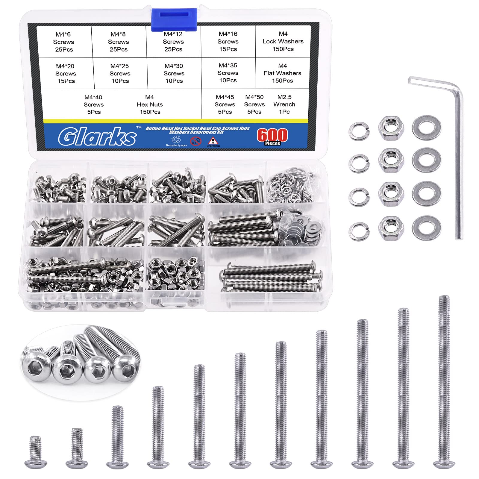 Glarks 601Pcs M4 Stainless Steel Button Head Hex Socket Cap Screw Bolt and Nut Assortment Kit with Hex Nuts, Flat Washers, Lock Washers for Machinery Furniture Car Repair