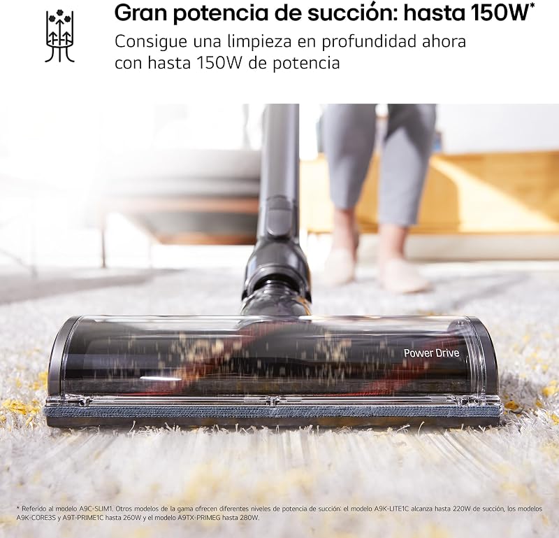 A9C-SLIM1C - Aspirador Escoba CordZero, Aspiradora con Sistema de Compresión de Polvo, Ciclónico, 150W Succión, Boquilla Varias Superficies, Base de Parking, 1.9 Kg, Blanco