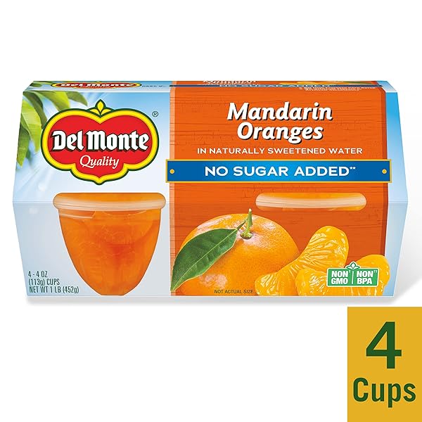 DEL MONTE NO SUGAR ADDED MANDARIN ORANGES IN WATER FRUIT CUP, 4 OZ, PACK OF 4