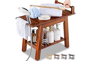 ETECHMART 2-Tier Bamboo Shower Bench, 24 Inch Spa Stool with Storage Shelf for Inside Shower Legs Shaving, Entryway or Bathroom, A-Shaped Shower Bath Seat for Seniors Adults Disabled Women, Brown