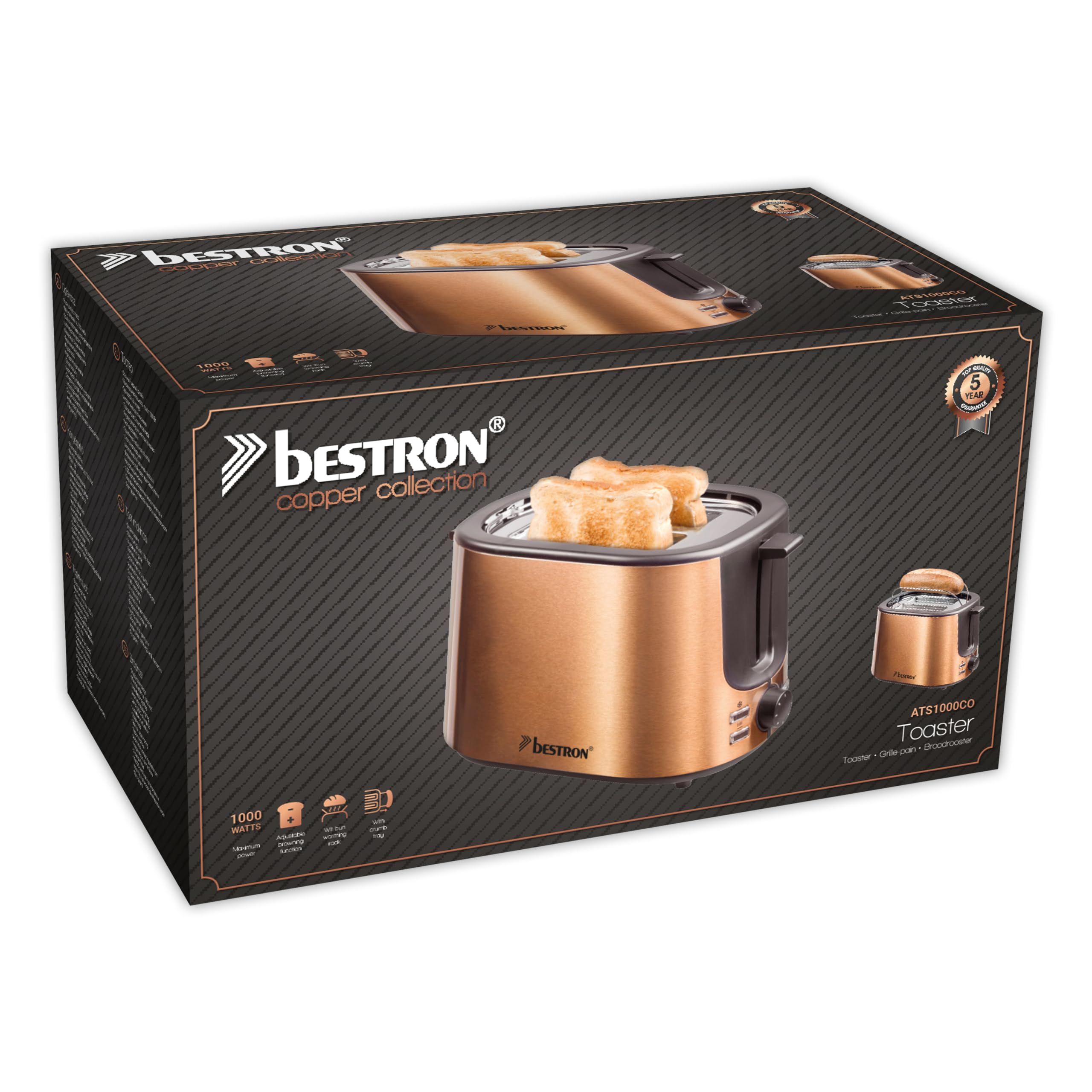 Bestron Toaster mit 2 Röstkammern, Krümelschublade und Brötchen-Röstaufsatz, 1.000 W, Edelstahl in Kupfer-Optik 6
