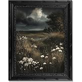 Dark Moody Landscape Framed Wall Art, Vintage Gothic Wildflower Meadow Canvas Print with Ornate Black Carved Frame, Dark Academia Aesthetic Wall Decor for Bedroom Living Room Halloween