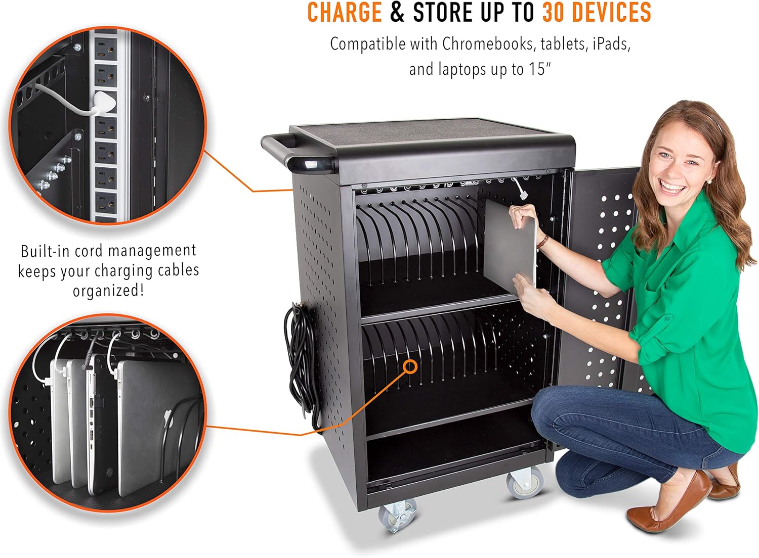 Line Leader 30 Unit Compact Mobile Charging & Storage Cart | Locking Cabinet Holds 30 Tablets, Laptops or Chromebooks | Mobile Lab w/Two 15-Outlet Power Strips | Great for School, Classroom & Library: Home & Kitchen