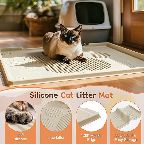 ISSEVE CAT LITTER MAT 40″ X 28″ XL, EXTRA LARGE SILICONE MAT FOR LITTER BOX, 1.38″ RAISED EDGE URINE WATERPROOF LITTER TRAPPING MAT PAD FOR SCATTER CONTROL, SOFT ON KITTY PAWS, PROTECT FLOOR (BEIGE)