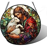 DASTOLL Stained Glass Window Hanging, Jesus Little Lamb Sun Catchers Colorful Glass Panel Christianity Suncatcher Decor for Birthday for Women, Men, Wife, Aunt, and Mom 6.3 in