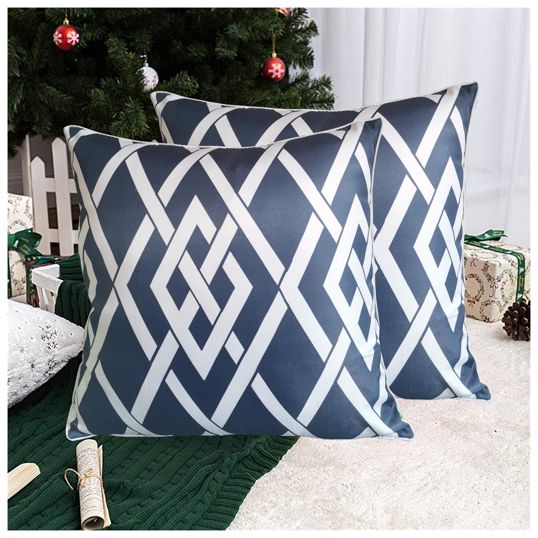 Aitliving Cushion Throw Pillow Cover 2PCS Geometric Diamond Trellis 43x43cm White and Blue Printed Mesh Lattice Cotton Canvas Decorative Sofa Pillowcase Accent Cushion Shell w/White Piping 17x17 — image 1