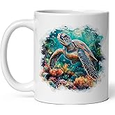 Sea Turtle Ceramic Coffee Mug 11oz Chelonia Ocean Shell - Tea Coffee Mug with Comfortable Grip - Unique Animal Gift Cup for Office or Home - Vibrant Long-Lasting Print ID44991