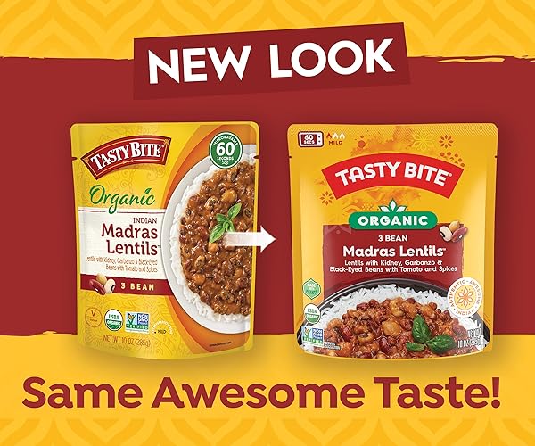 TASTYBITE ORGANIC THREE BEAN MADRAS LENTILS, 10 OZ