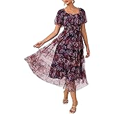 GRACE KARIN Women's 2026 Summer Midi Tulle Dress,Square Neck Puff Sleeve Smocked Mesh Dresses,Wedding Guest Party Dresses