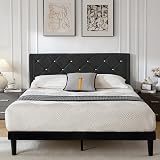 Full Bed Frame with Headboard, Bed Frame Full Size with Sturdy Wooden Slats Support, Platform Frame with Velvet Upholstered Headboard, Mattress Foundation, Easy Assembly, No Box Spring Needed Black