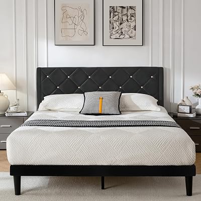 Full Bed Frame with Headboard, Bed Frame Full Size with Sturdy Wooden Slats Support, Platform Frame with Velvet Upholstered Headboard, Mattress Foundation, Easy Assembly, No Box Spring Needed Black