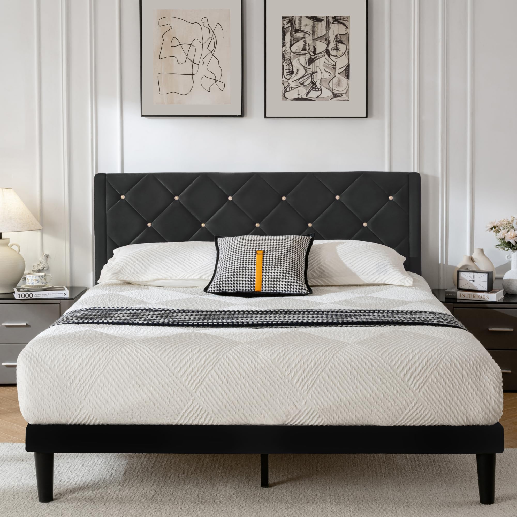 Photo 1 of *** PARTS ONLY *** DUMGTIF Queen Size Platform Bed Frame with Velvet Upholstered Headboard and Sturdy Wooden Slats Support,Mattress Foundation?Easy Assembly, No Box Spring Needed,Slip Resistant (Black, Queen)