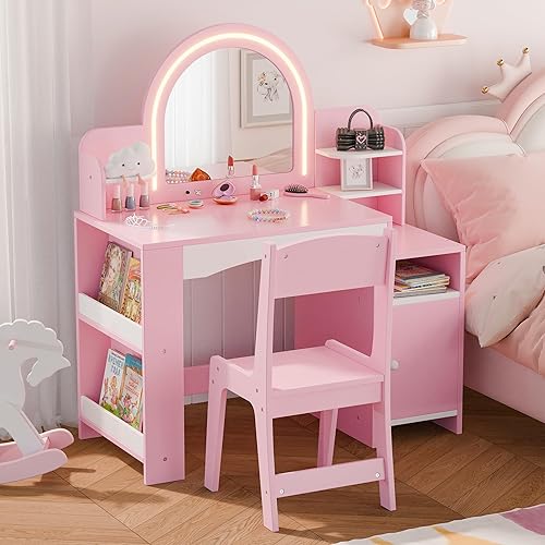 MU Kids Vanity with Lights, Princess Makeup Vanity Desk with Open  Bookshelf, Storage Cabinet Shelves, in Toddler Vanity Table Chair  Set with