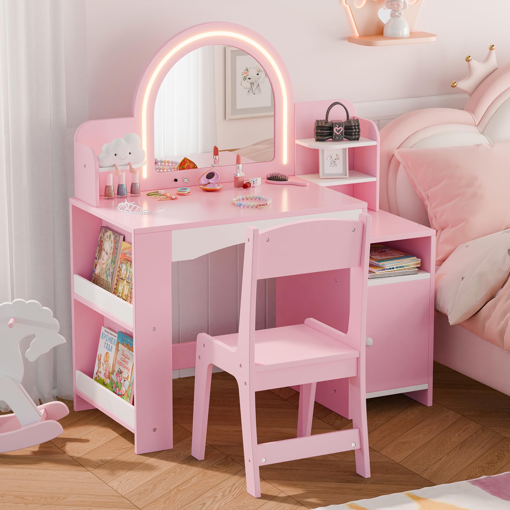 MU Kids Vanity with Lights, Princess Makeup Vanity Desk with Open