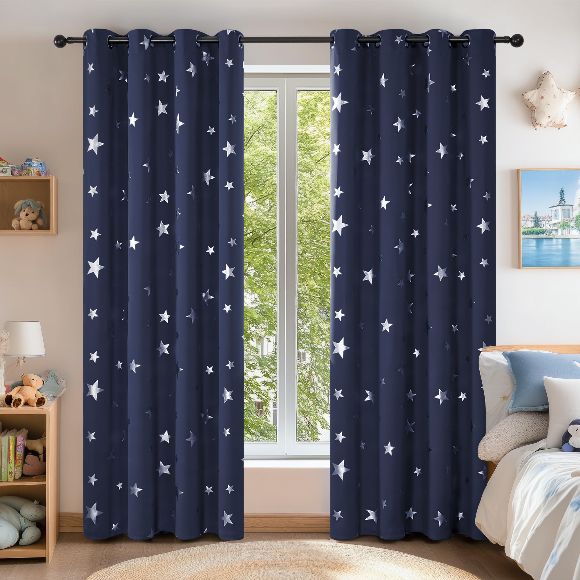 Deconovo Window Decoration for Kids Foil Star Printed Thermal Insulated Eyelet Blackout Curtains for Bedroom 52 x 63 Inch Navy Blue 1 Pair