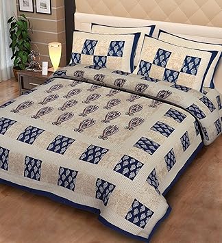 Fecom Super King Size Rajasthani Jaipuri Traditional Sanganeri Design 100% Cotton Double bedsheet, Bedspread, Bed Cover with Pillow Covers 100X102 (Blue)