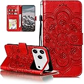 EYZUTAK Case for iPhone 17 Pro Max, Premium PU Leather Magnetic Closure Flip Wallet Phone Case with Card Holder Cash Slot Stand Function Embossed Mandala Flower Shockproof Lanyard Cover - Red