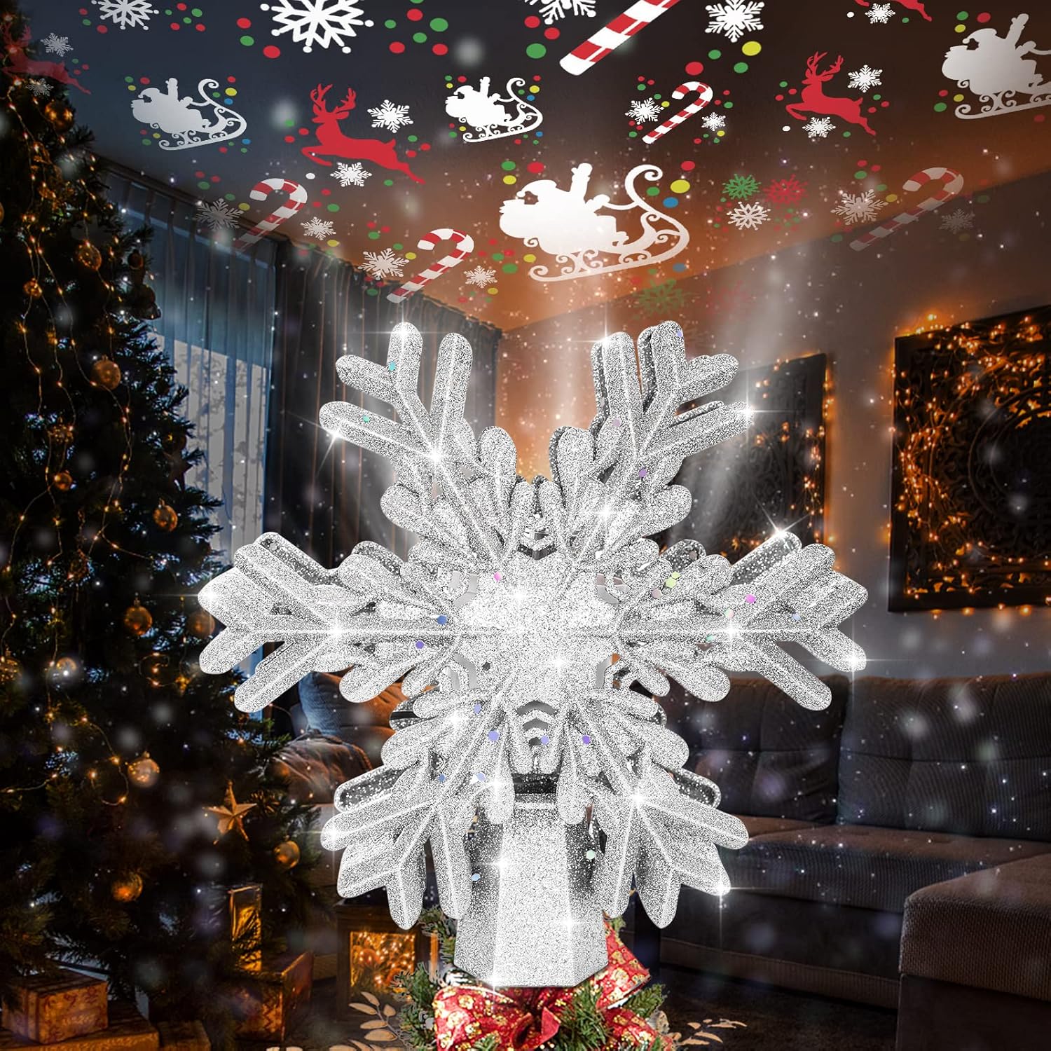 Tree Toppers - Christmas Tree Topper - Snowflake Christmas Tree Topper Lighted with 3D Rotating Snowflakes - LED Hollow Glitter Projector - Christmas Tree Topper for Christmas Tree Decorations (Silver)