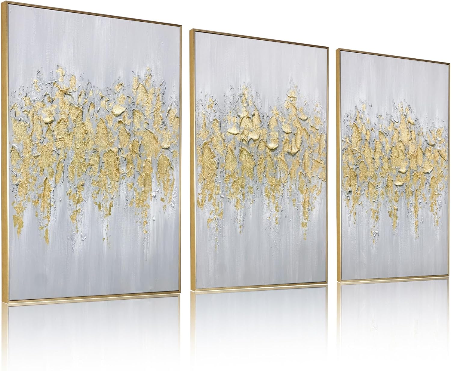 Paintings - Zessonic Abstract Wall Art For Living-room: Framed Glam Gold Hand-Painting Canvas Art for Bedroom Decor Glitter Abstract Artwork for Modern, Contemporary Decor, (Set of 3, 24 x 36 Inches for Each)