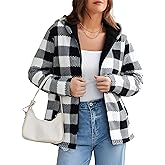 ssjoydepot Women Jackets with Cap Long Sleeve Plaid Fuzzy Fall Winter Zipper Jacket
