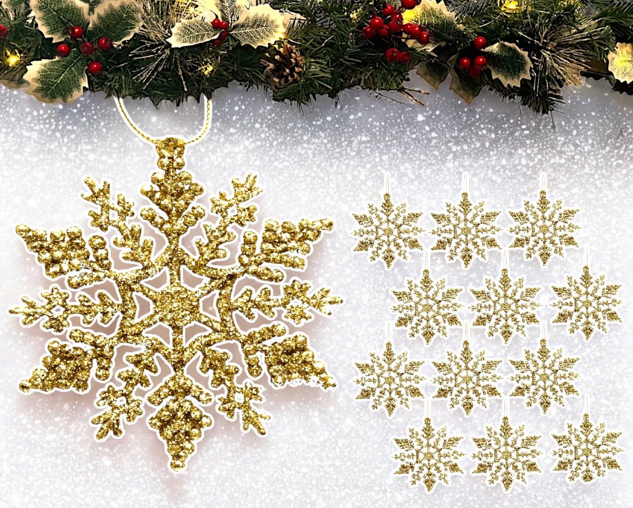 12pk Glitter Snowflake Hanging Decorations, Christmas Tree Snowflake Baubles/Ornaments (Gold)