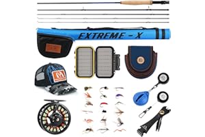 M MAXIMUMCATCH Maxcatch Extreme-X Fly Fishing Rod and Reel Combo, 3-8wt Complete Starter Fishing Outfit with Fly Box, Flies, Rod Clip Holder, Rod Case, Extra Tip Section