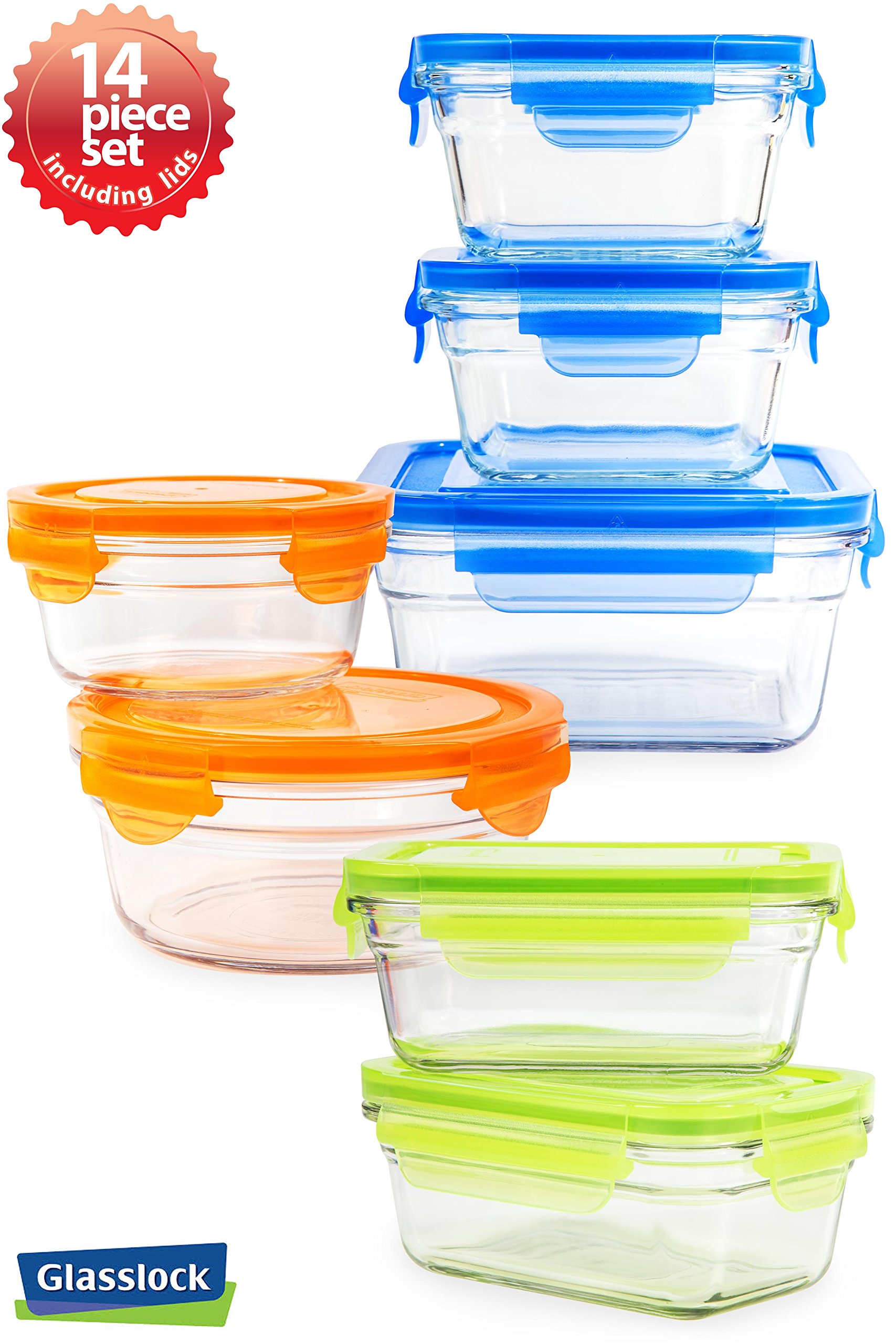 Glasslock 14pc Set Assorted Color Lids Airtight Spill Proof Food