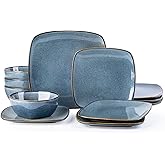 AmorArc Ceramic Dinnerware Sets for 4, 12 Pieces Square Handpainted Plates and Bowls Set, Chip and Scratch Resistant Stoneware Dishes Set, Dishwasher & Microwave Safe, Ocean Blue