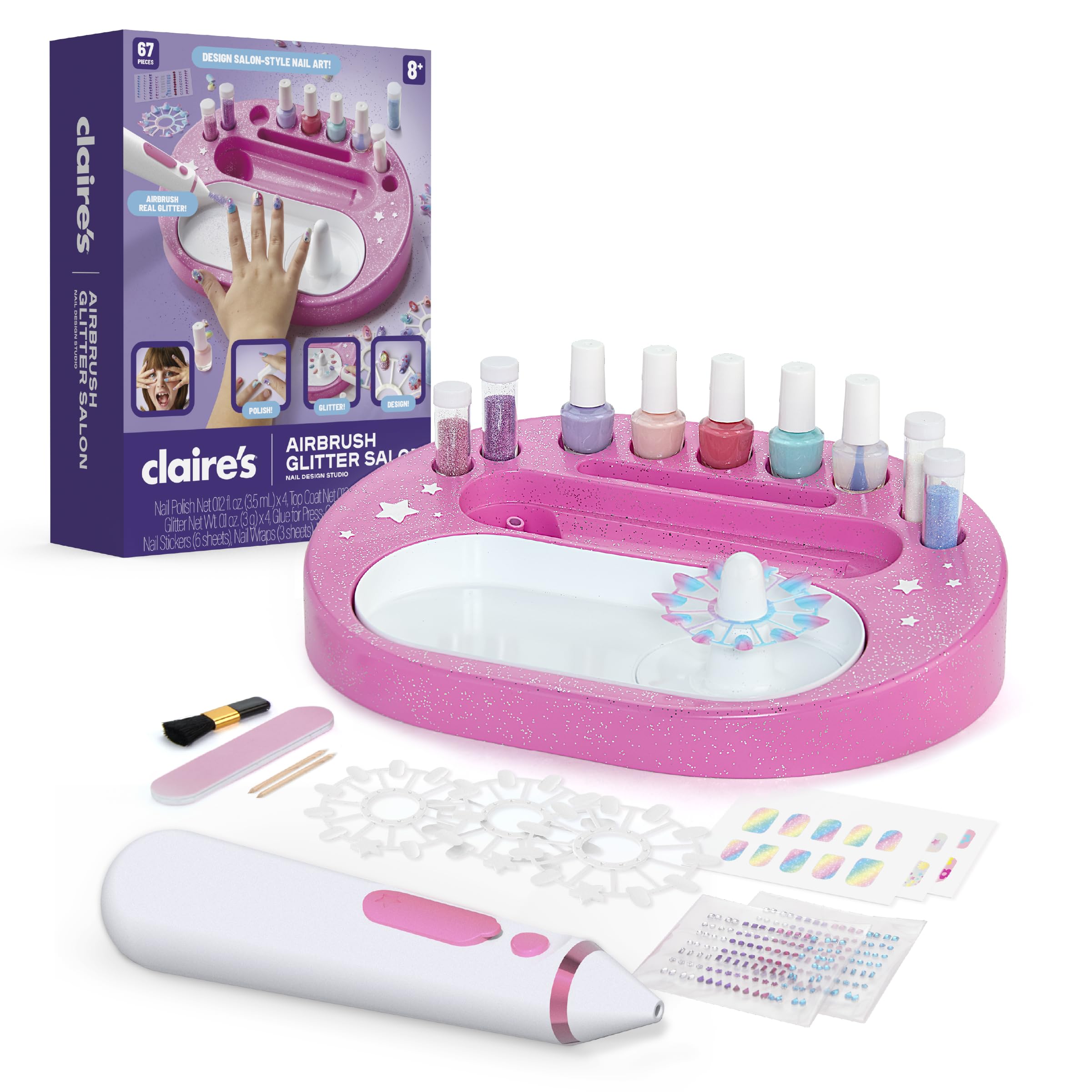 Claire’s Kids Nail Art Kit, 67-Piece Airbrush Glitter Salon Nail Charms & Accessories Set, Polish, Press-On Nails, Stickers, Wraps, Girl Toys & Beauty Activity, Manicure Fashion Gift for Girls Age 8+