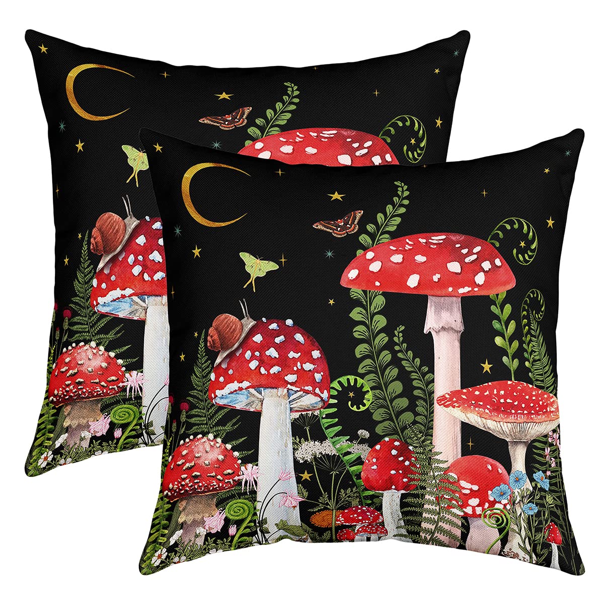 Red Mushroom Tropical Leaves Throw Pillow Cover Farmhouse Style Decorative Pillow Cover for Kids Adults Starry Sky Moon Butterfly Flower Pillowcase for Living Room Couch,Pack of 2,Black,18"x18"