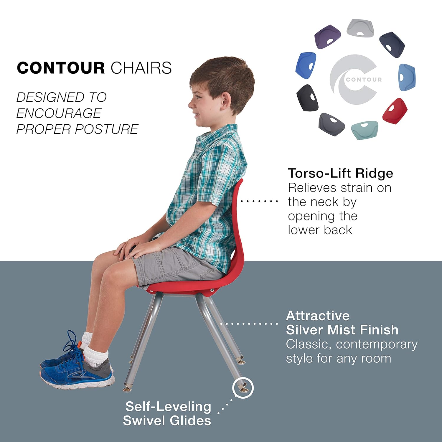 FDP 14" Contour School Stacking Student Chair, Ergonomic Molded Seat Shell with Powder Coated Silver Frame and Swivel Leg Glides; for in-Home Learning or Classroom - Red (4-Pack): Industrial & Scientific