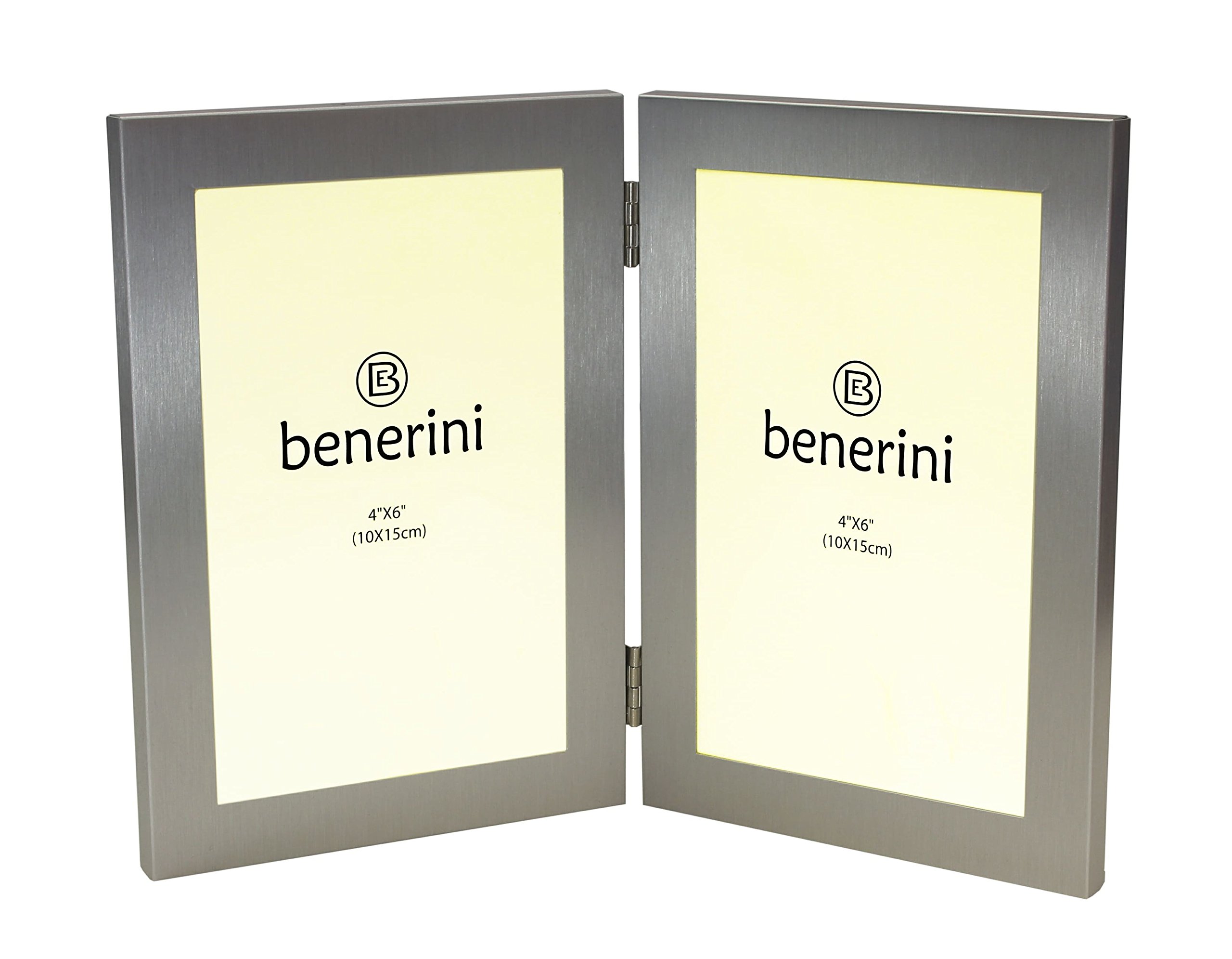 Brushed Aluminium Satin Silver Colour - Twin 2 Picture Vertical Double Folding Photo Frame - Takes 2 Photos of 4 x 6 inches (10 x 15 cm) (Portrait Style)