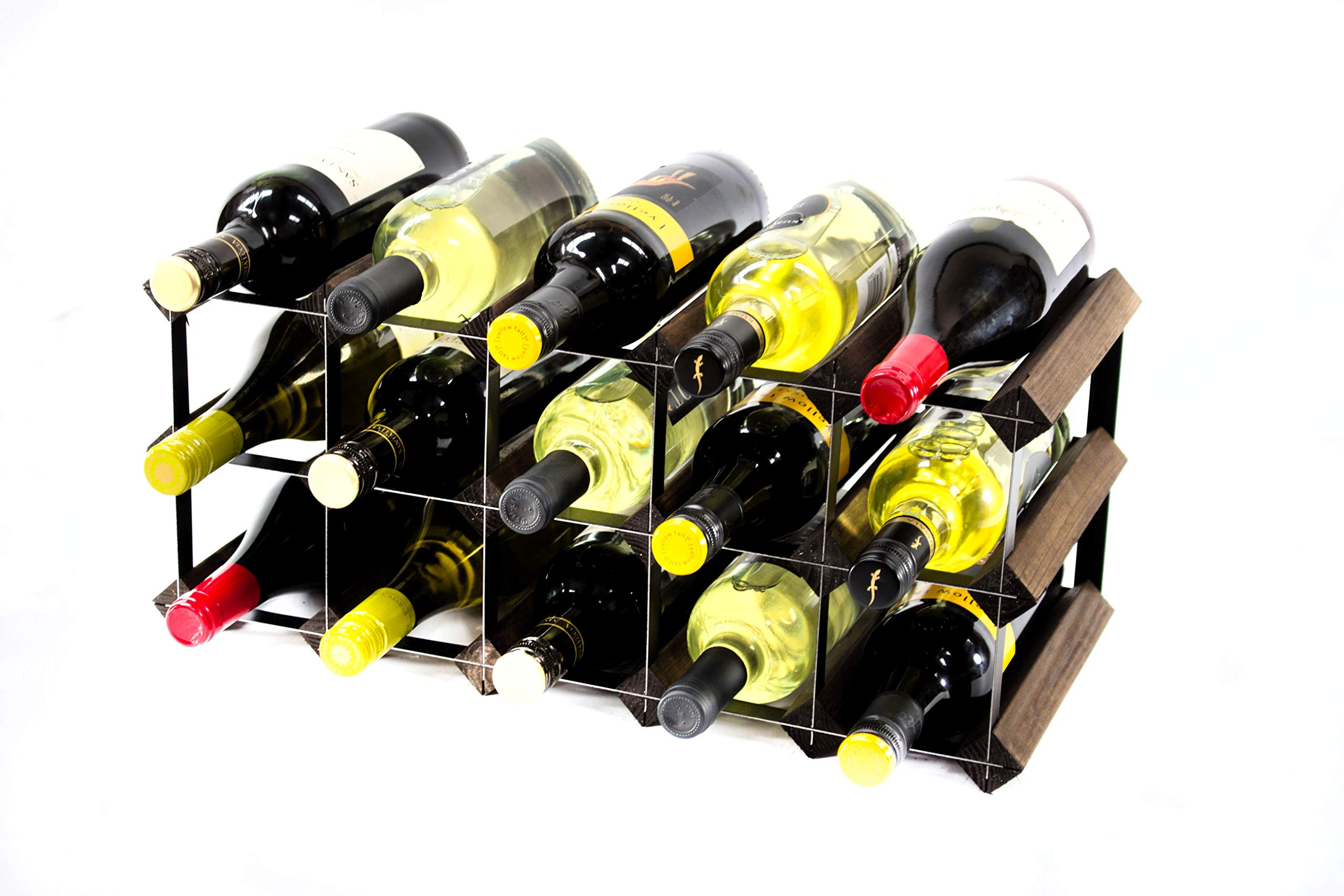 Classic 15 Bottle Dark Oak Stained Wood and Black Metal Wine Rack Ready Assembled