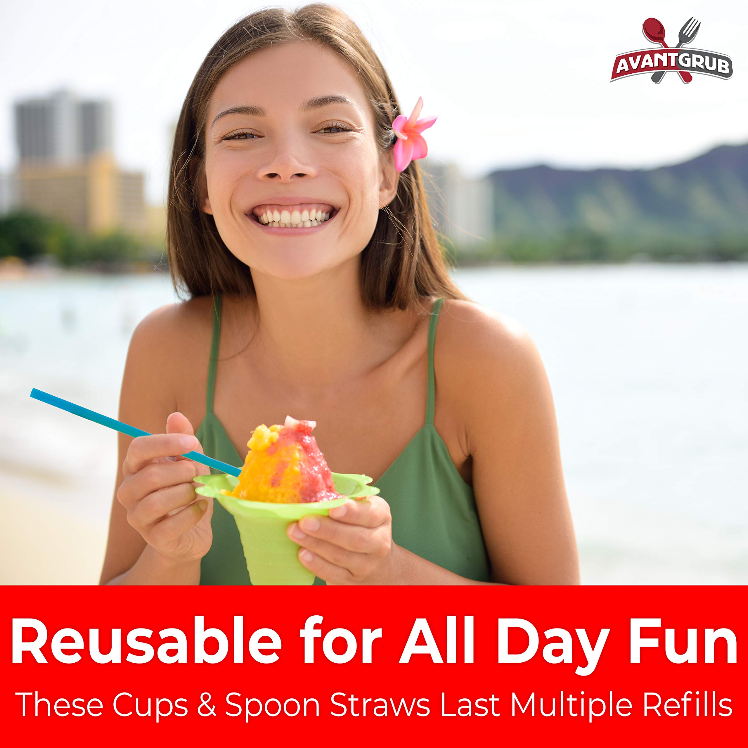 Leak Proof & Drip Catching, Super Cute Reusable 4oz Flower Snow Cone Cups with Straws 10 Pk, Colorful Easy Grip Bowls Perfect for Birthday Parties, Summer Cookout, Shaved Ice, Snack, Ice Cream